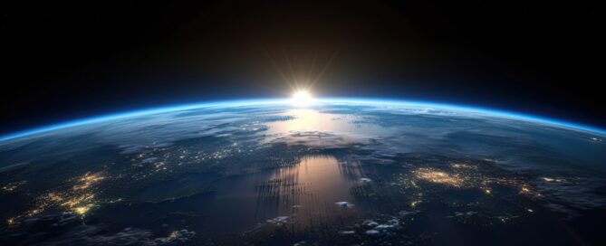 Blick aus dem Weltraum auf die Erde bei Sonnenaufgang; der Horizont leuchtet in intensivem Blau, während Städte auf der Nachtseite mit einzelnen Lichtpunkten sichtbar sind und die Sonne am Rand des Planeten aufgeht.